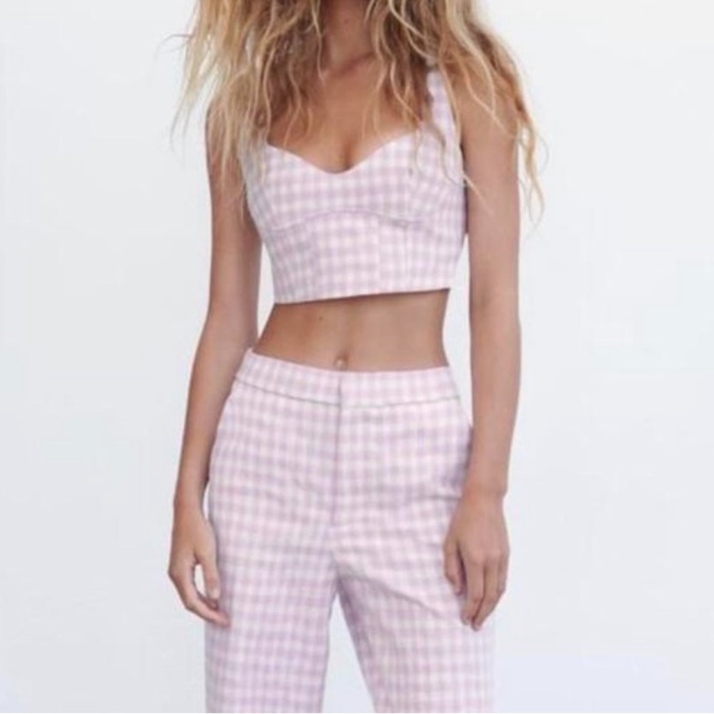 Zara Purple and White Gingham Crop Top small